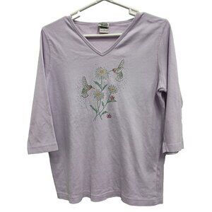 Exquisite Designs Womens Hummingbird Top Medium Lavender Embellished 3/4 Sleeve